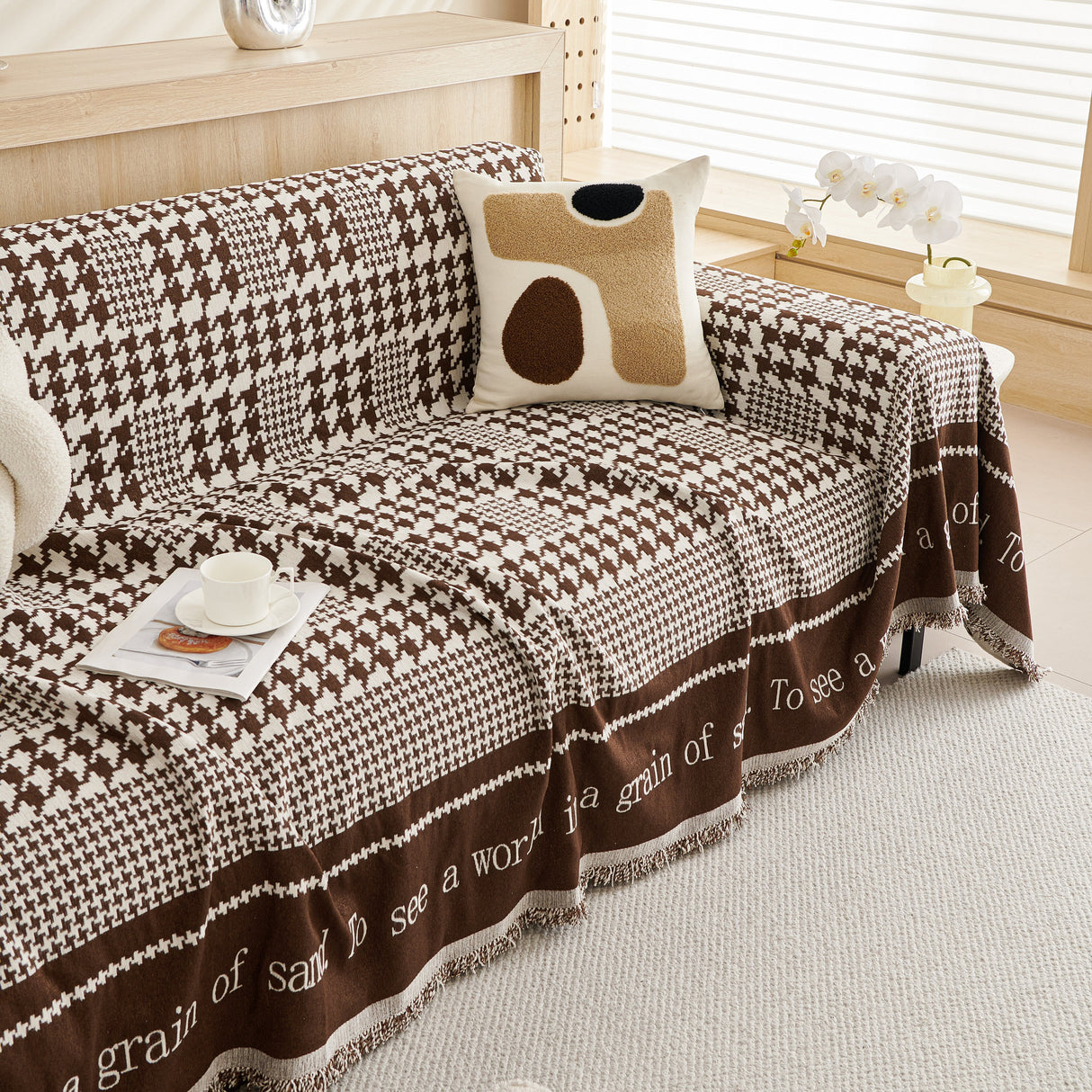 Chenille Houndstooth Couch Cover, Chaise Lounge Blanket Cover, Sectional Couch Scratch Protector