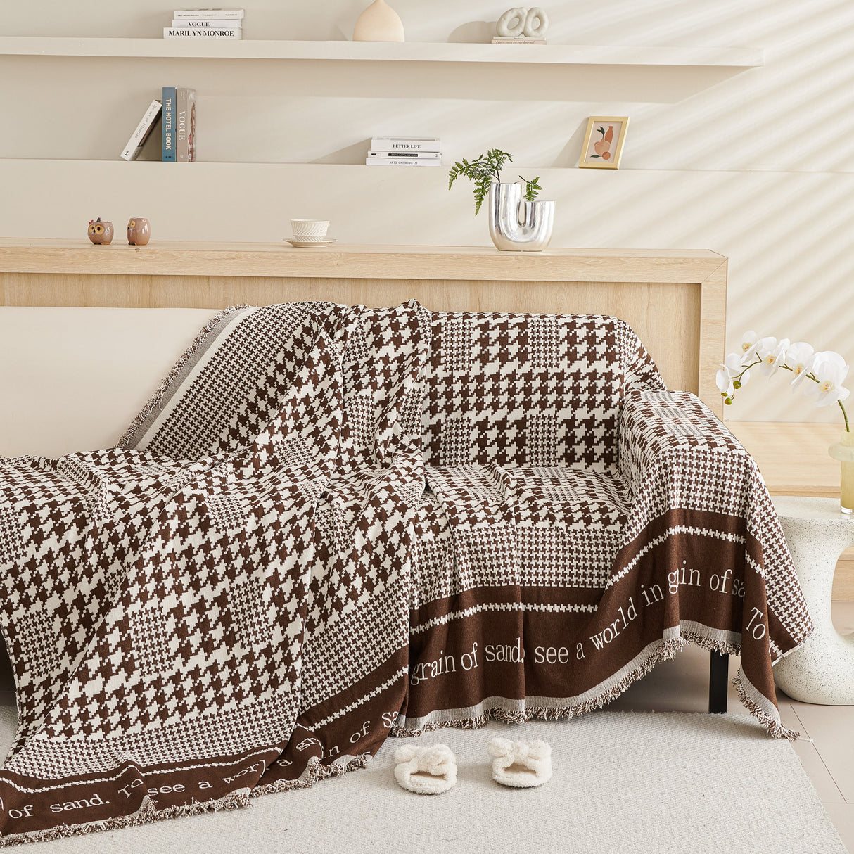 Chenille Houndstooth Couch Cover, Chaise Lounge Blanket Cover, Sectional Couch Scratch Protector