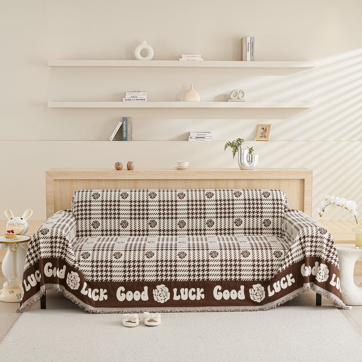 Chenille Houndstooth Sofa Throw Cover, Scratch Proof Cozy Throw Blankets for Couch