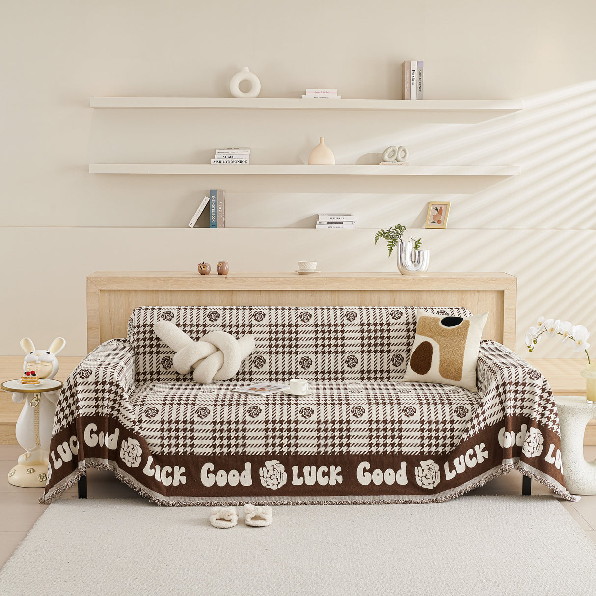 Chenille Houndstooth Sofa Throw Cover, Scratch Proof Cozy Throw Blankets for Couch