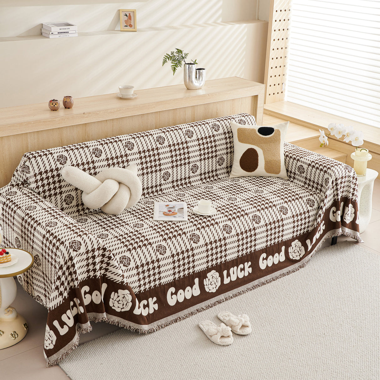 Chenille Houndstooth Sofa Throw Cover, Scratch Proof Cozy Throw Blankets for Couch