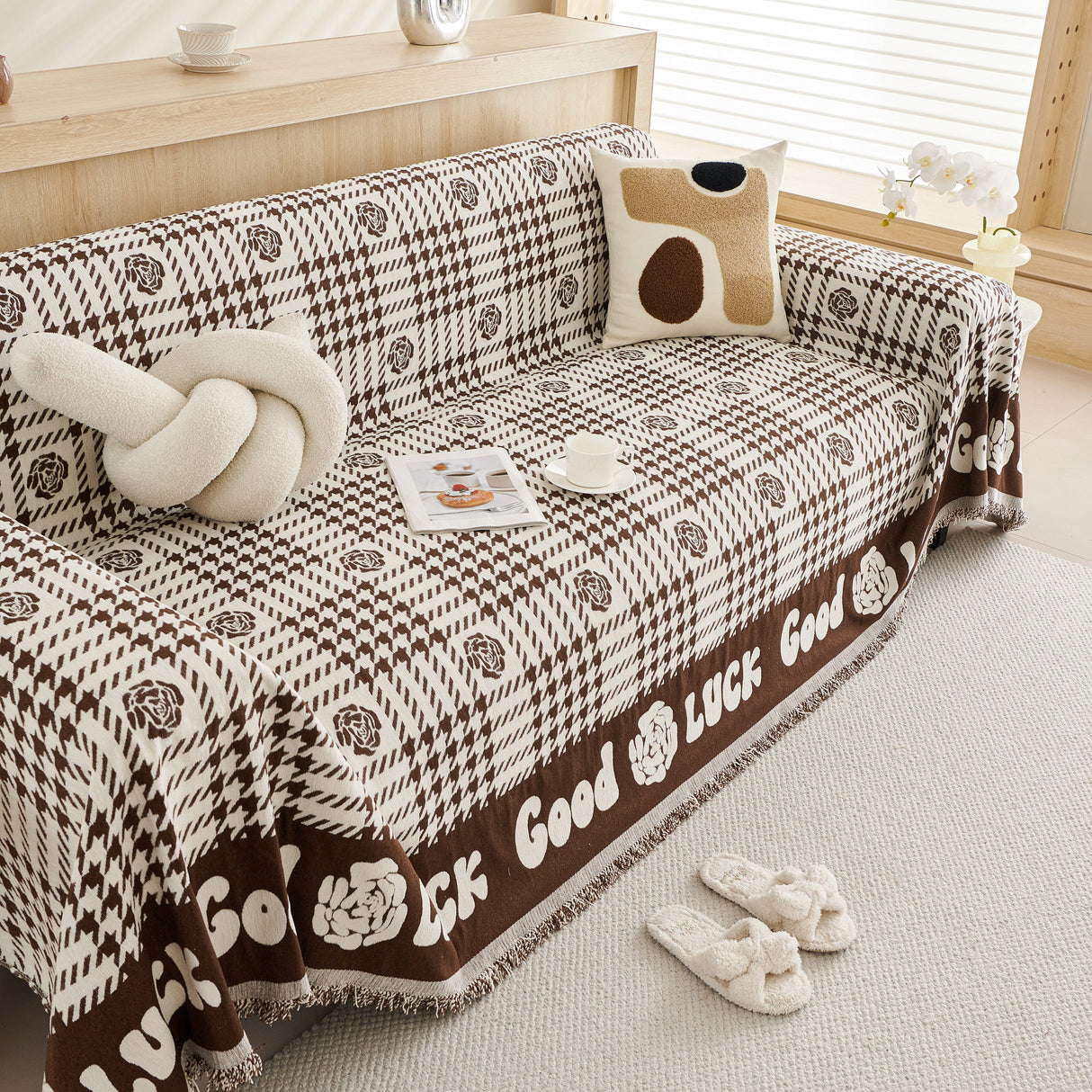 Chenille Houndstooth Sofa Throw Cover, Scratch Proof Cozy Throw Blankets for Couch