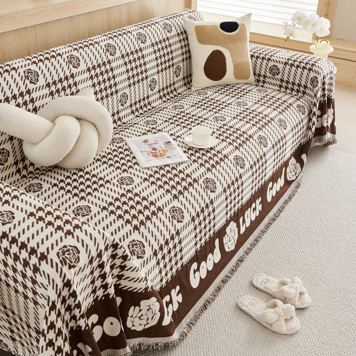 Chenille Houndstooth Sofa Throw Cover, Scratch Proof Cozy Throw Blankets for Couch