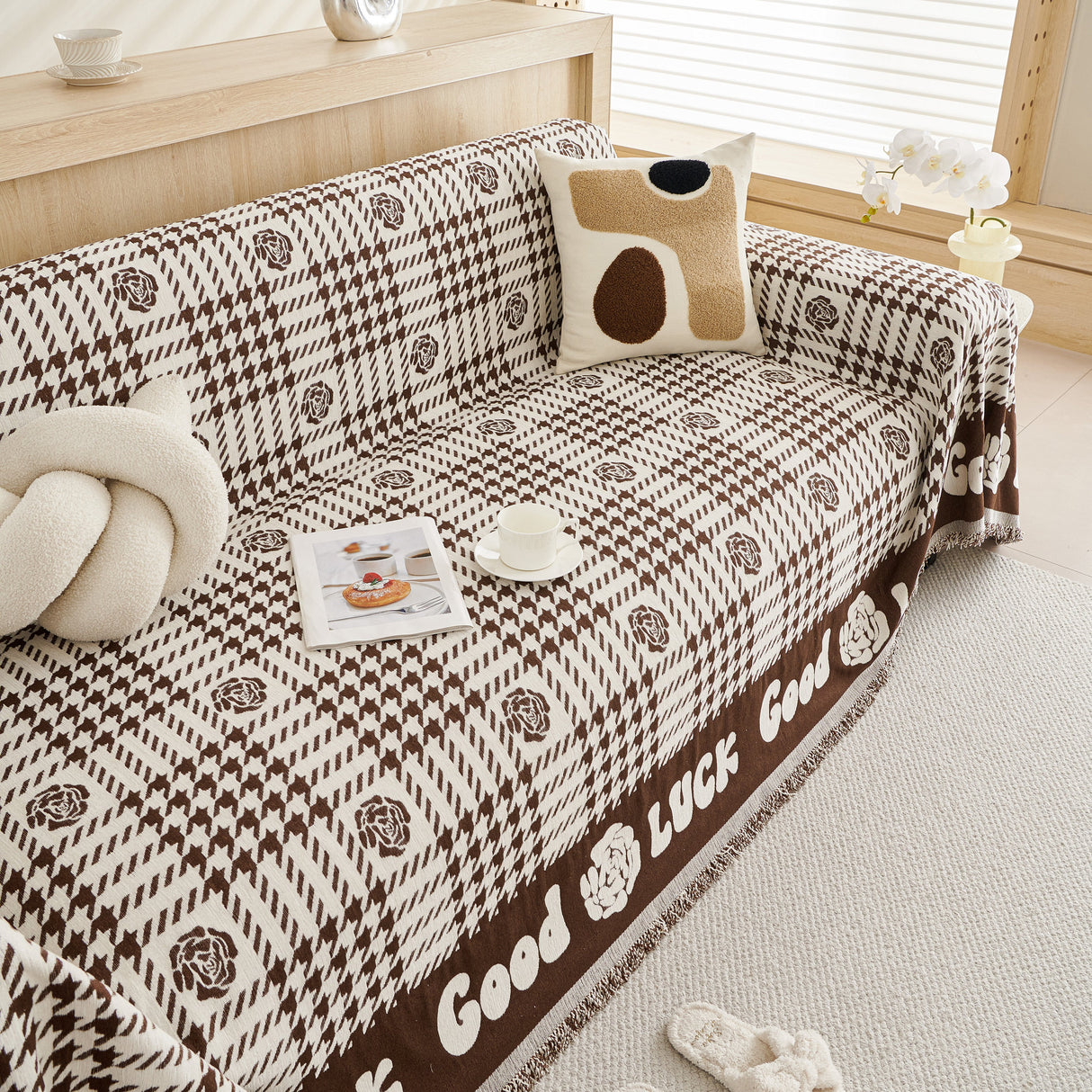Chenille Houndstooth Sofa Throw Cover, Scratch Proof Cozy Throw Blankets for Couch