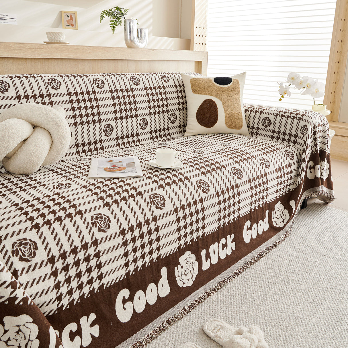 Chenille Houndstooth Sofa Throw Cover, Scratch Proof Cozy Throw Blankets for Couch