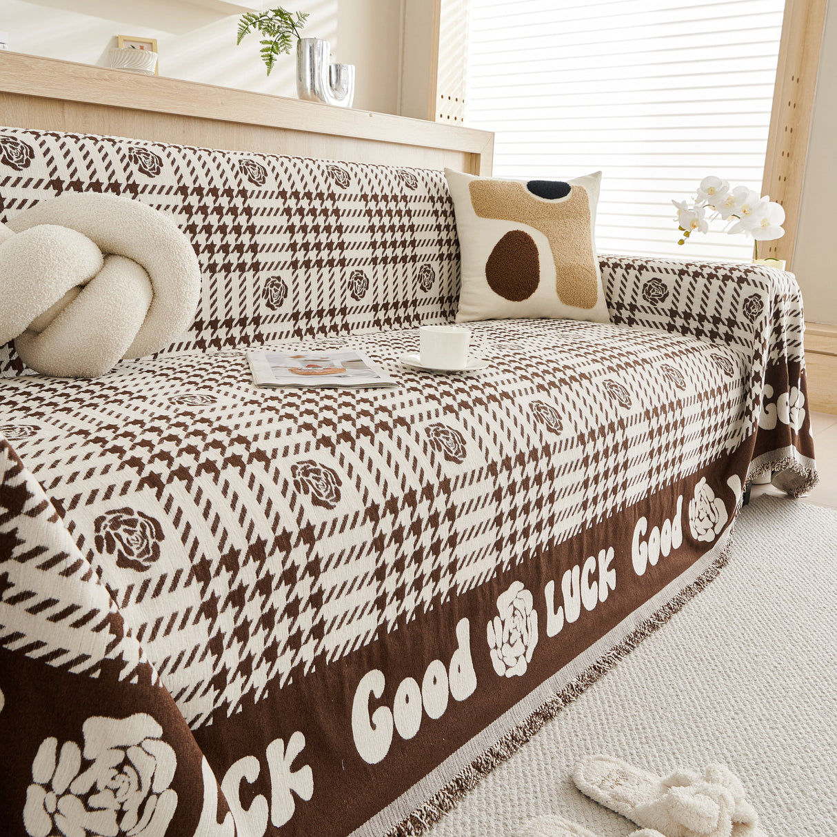 Chenille Houndstooth Sofa Throw Cover, Scratch Proof Cozy Throw Blankets for Couch
