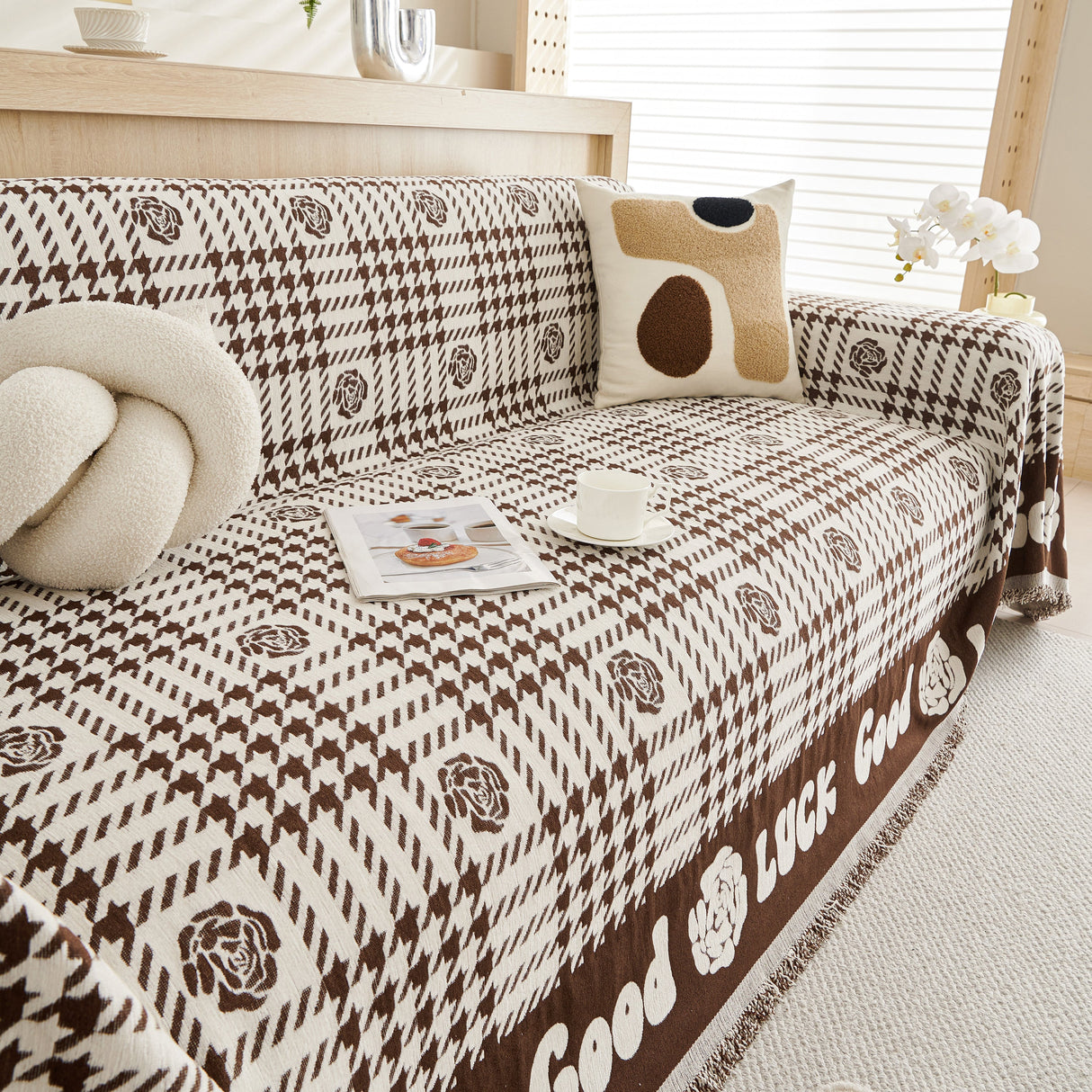 Chenille Houndstooth Sofa Throw Cover, Scratch Proof Cozy Throw Blankets for Couch