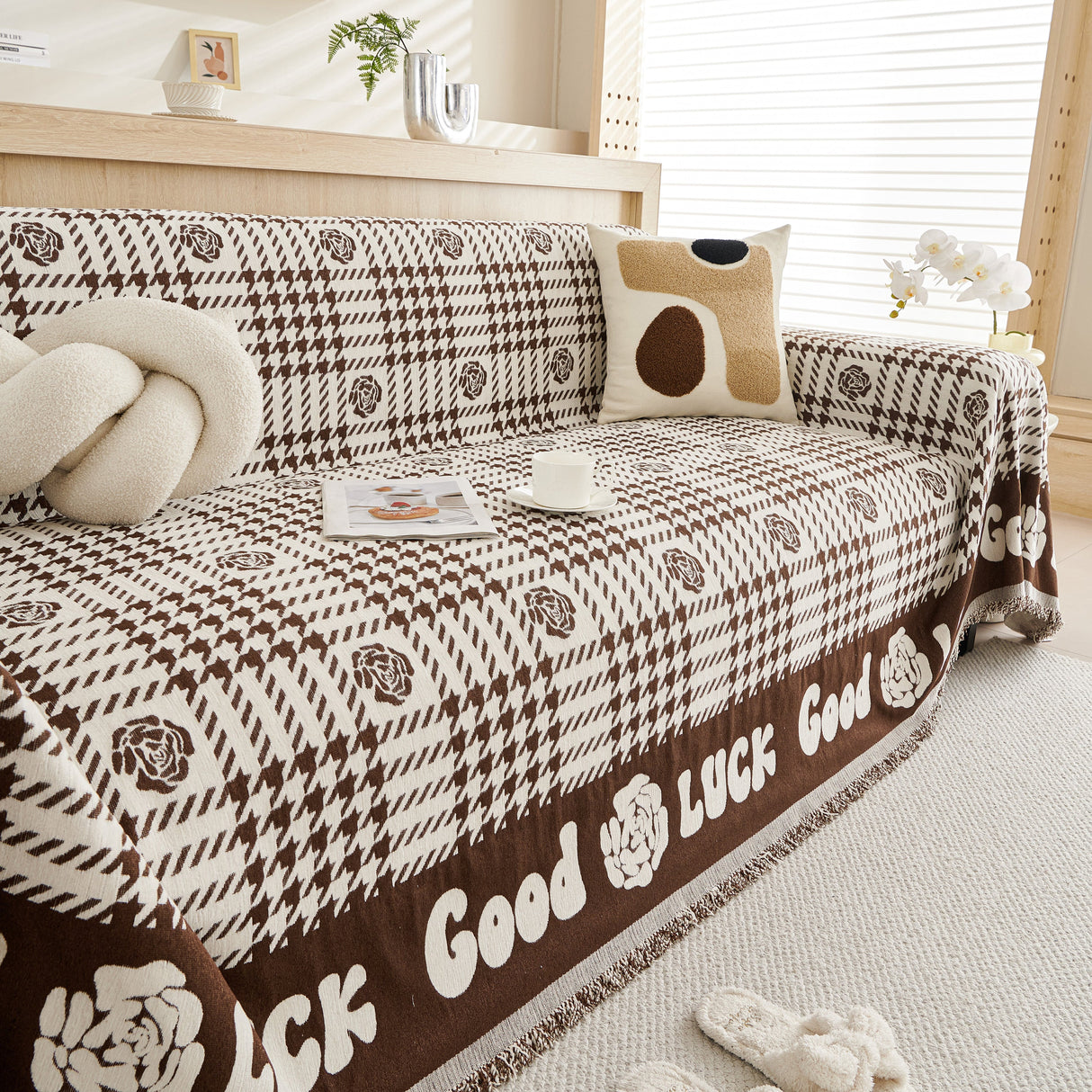Chenille Houndstooth Sofa Throw Cover, Scratch Proof Cozy Throw Blankets for Couch