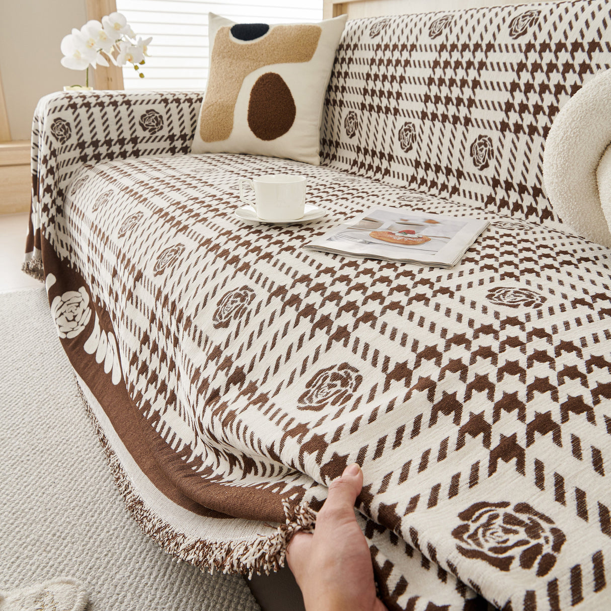 Chenille Houndstooth Sofa Throw Cover, Scratch Proof Cozy Throw Blankets for Couch