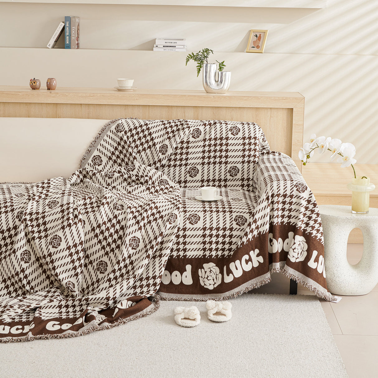 Chenille Houndstooth Sofa Throw Cover, Scratch Proof Cozy Throw Blankets for Couch