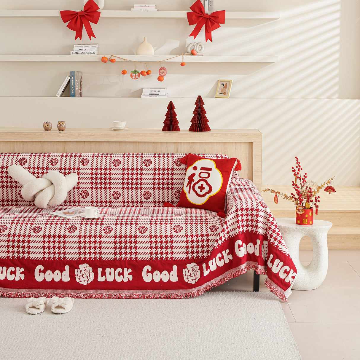 Chenille Houndstooth Sofa Throw Cover, Scratch Proof Cozy Throw Blankets for Couch