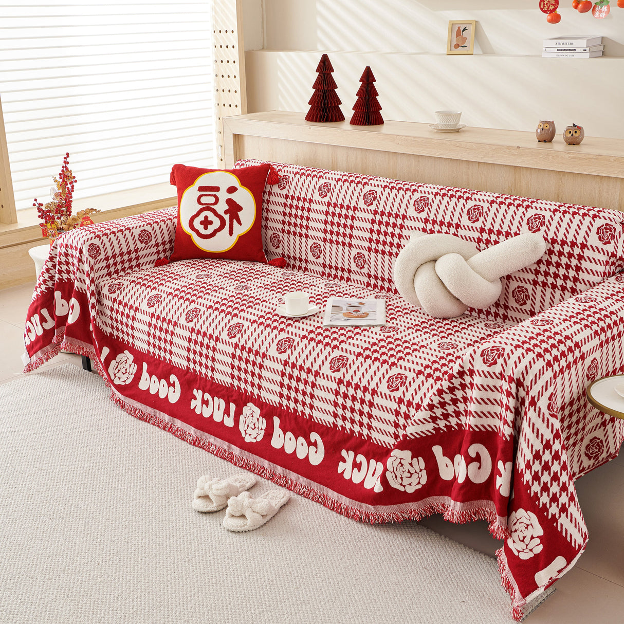 Chenille Houndstooth Sofa Throw Cover, Scratch Proof Cozy Throw Blankets for Couch