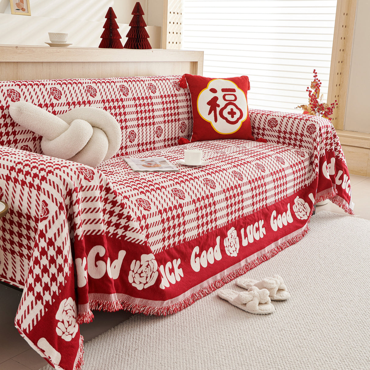 Chenille Houndstooth Sofa Throw Cover, Scratch Proof Cozy Throw Blankets for Couch