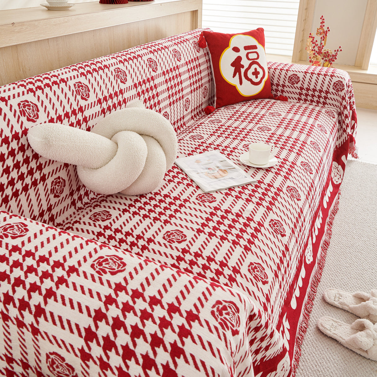 Chenille Houndstooth Sofa Throw Cover, Scratch Proof Cozy Throw Blankets for Couch