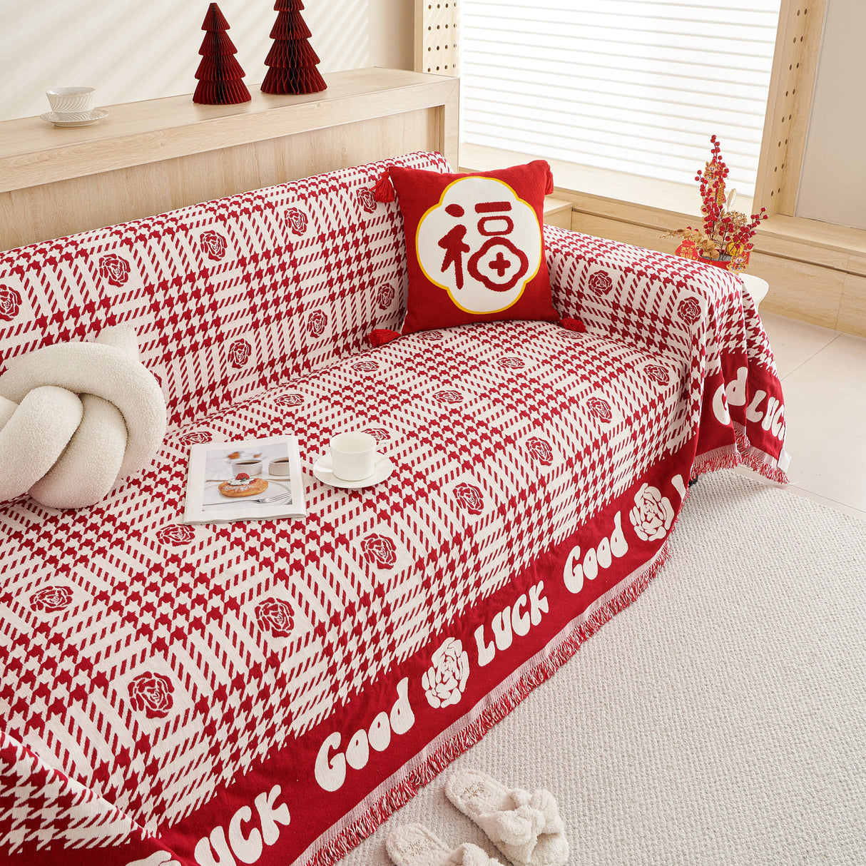 Chenille Houndstooth Sofa Throw Cover, Scratch Proof Cozy Throw Blankets for Couch