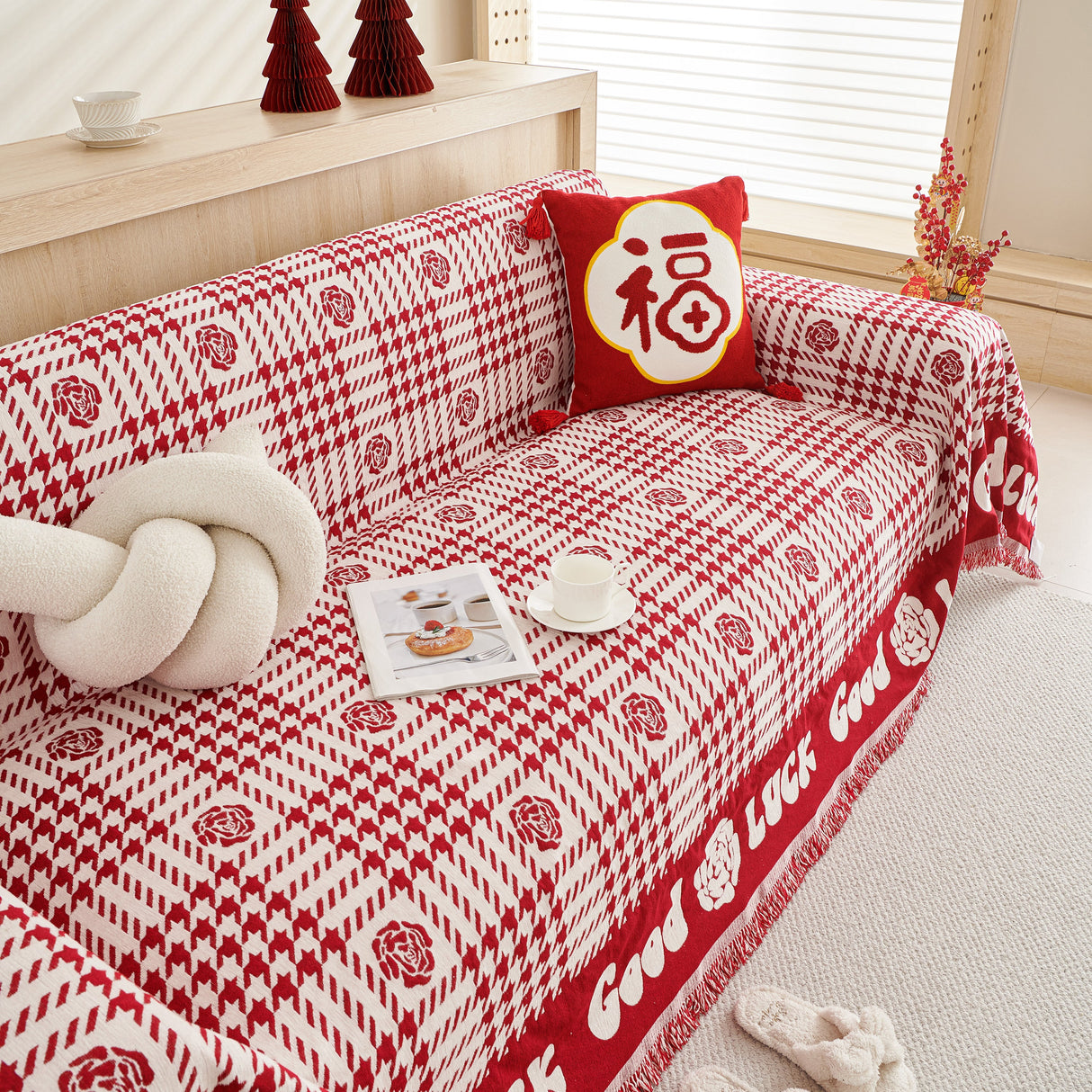 Chenille Houndstooth Sofa Throw Cover, Scratch Proof Cozy Throw Blankets for Couch