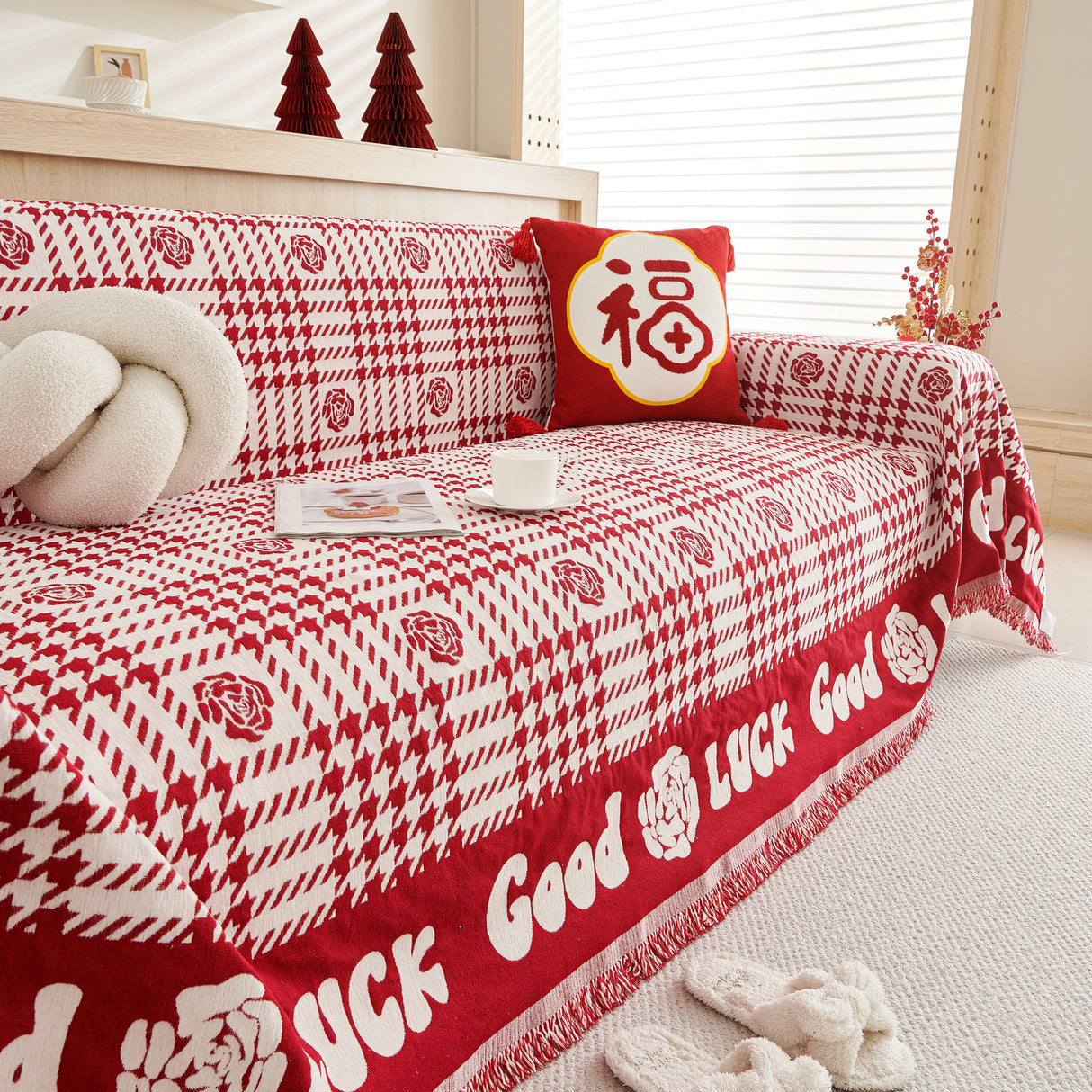 Chenille Houndstooth Sofa Throw Cover, Scratch Proof Cozy Throw Blankets for Couch