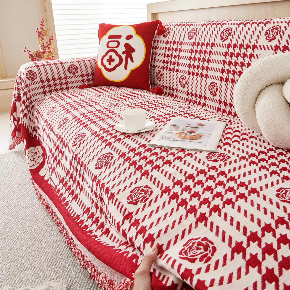 Chenille Houndstooth Sofa Throw Cover, Scratch Proof Cozy Throw Blankets for Couch