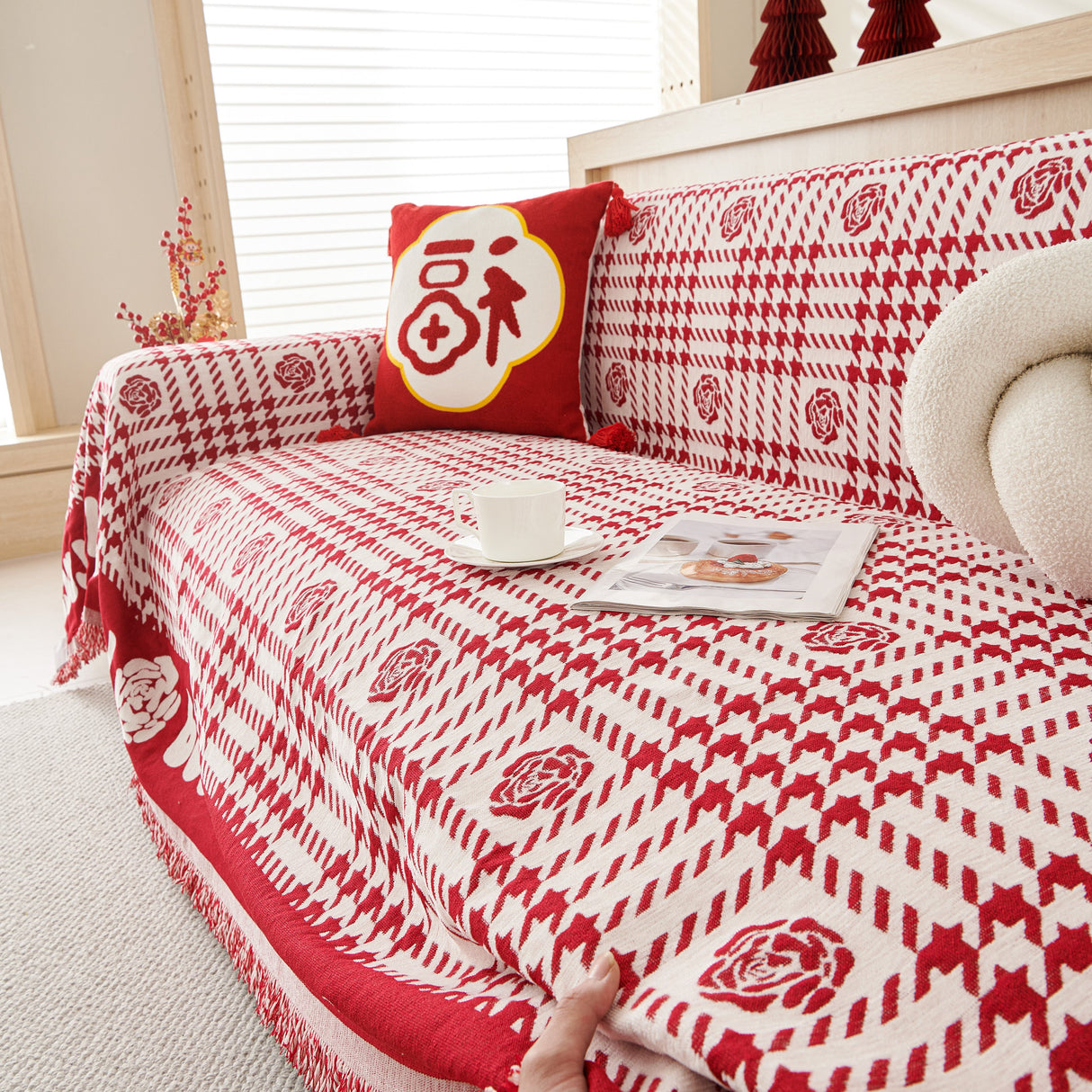 Chenille Houndstooth Sofa Throw Cover, Scratch Proof Cozy Throw Blankets for Couch