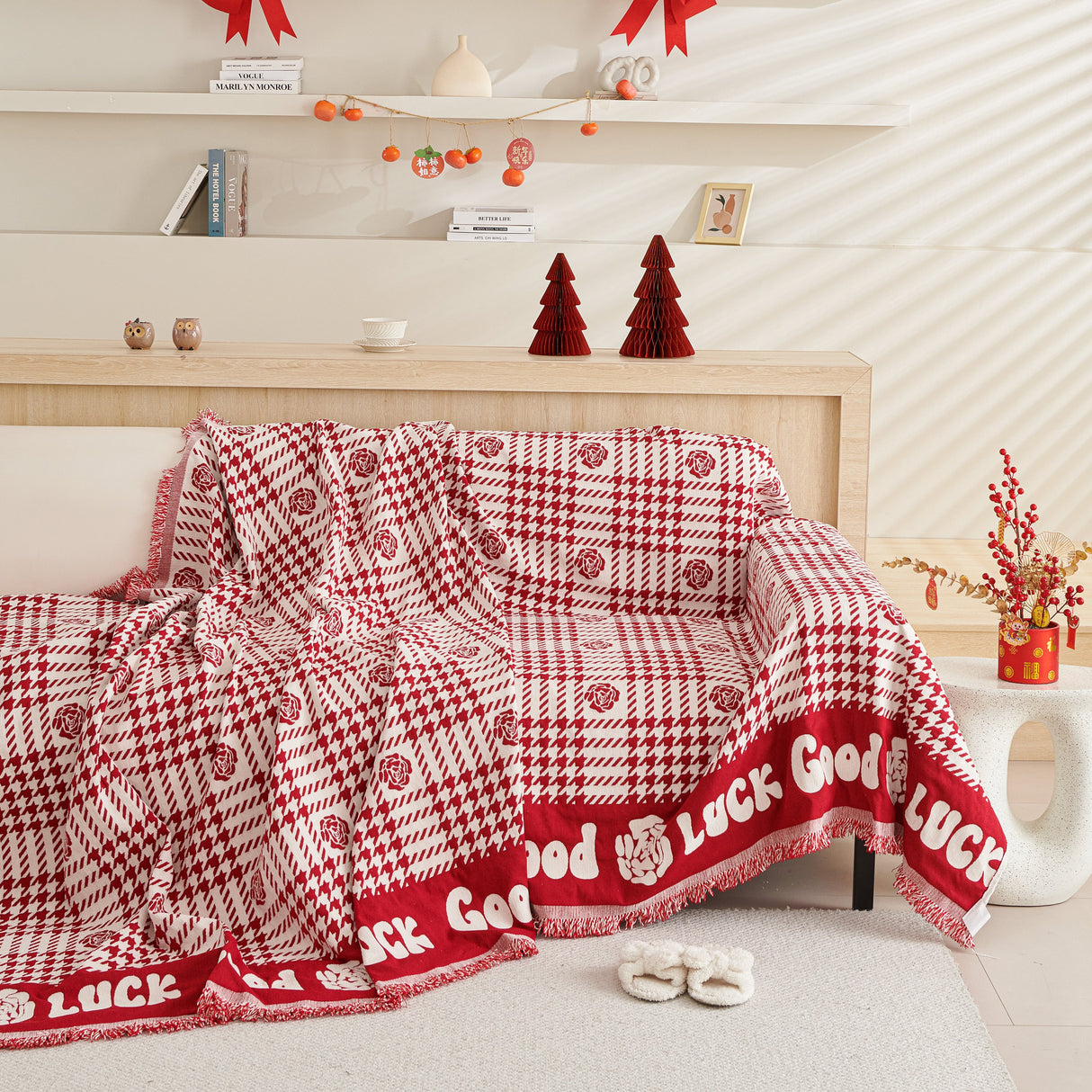 Chenille Houndstooth Sofa Throw Cover, Scratch Proof Cozy Throw Blankets for Couch