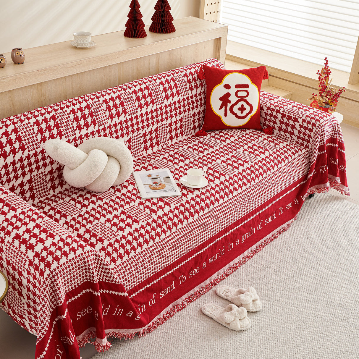 Chenille Houndstooth Couch Cover, Chaise Lounge Blanket Cover, Sectional Couch Scratch Protector