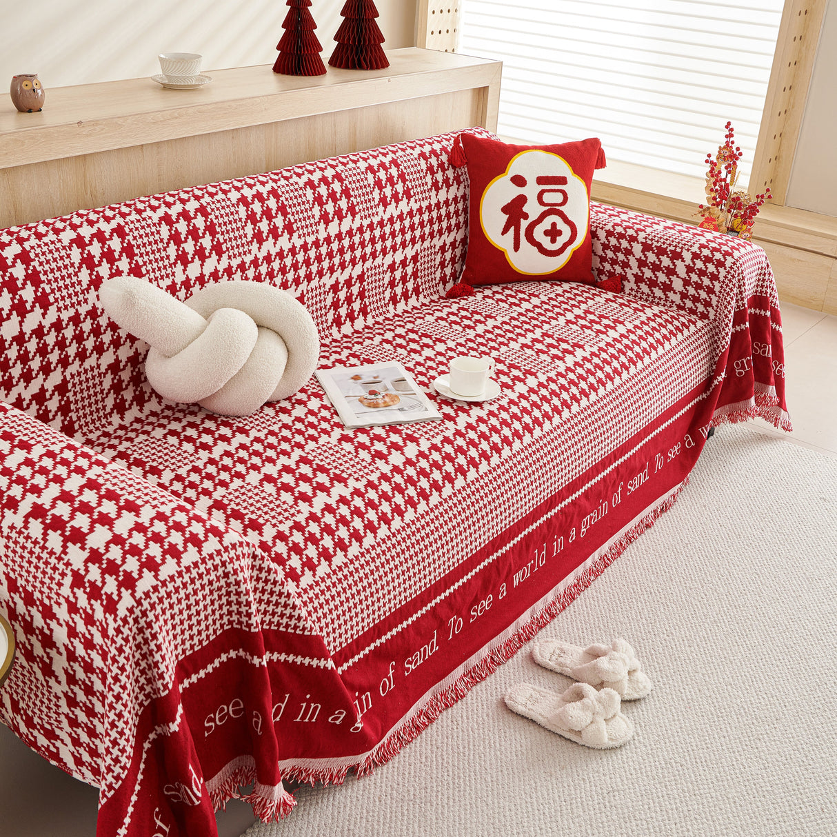 Chenille Houndstooth Couch Cover, Chaise Lounge Blanket Cover, Sectional Couch Scratch Protector