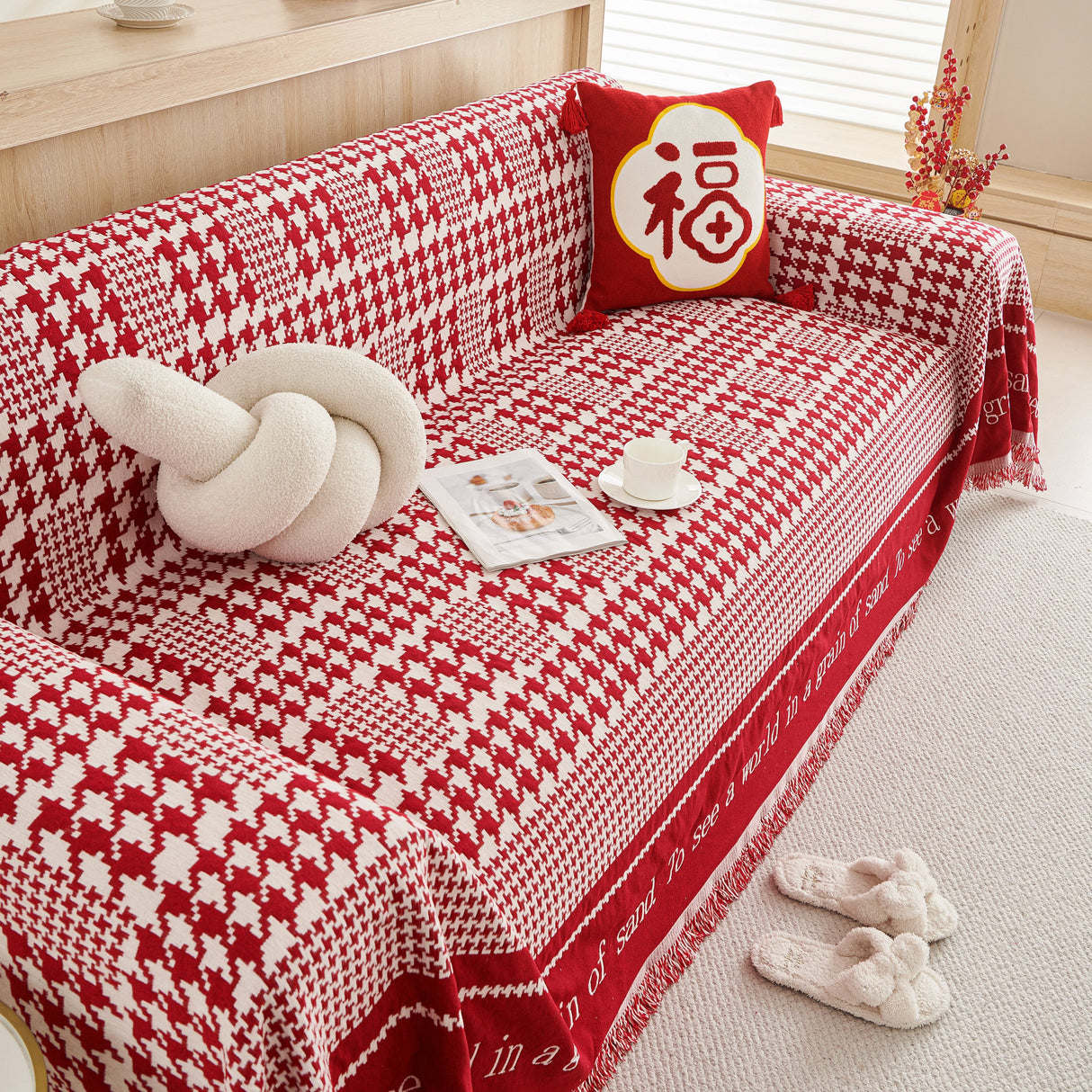 Chenille Houndstooth Couch Cover, Chaise Lounge Blanket Cover, Sectional Couch Scratch Protector