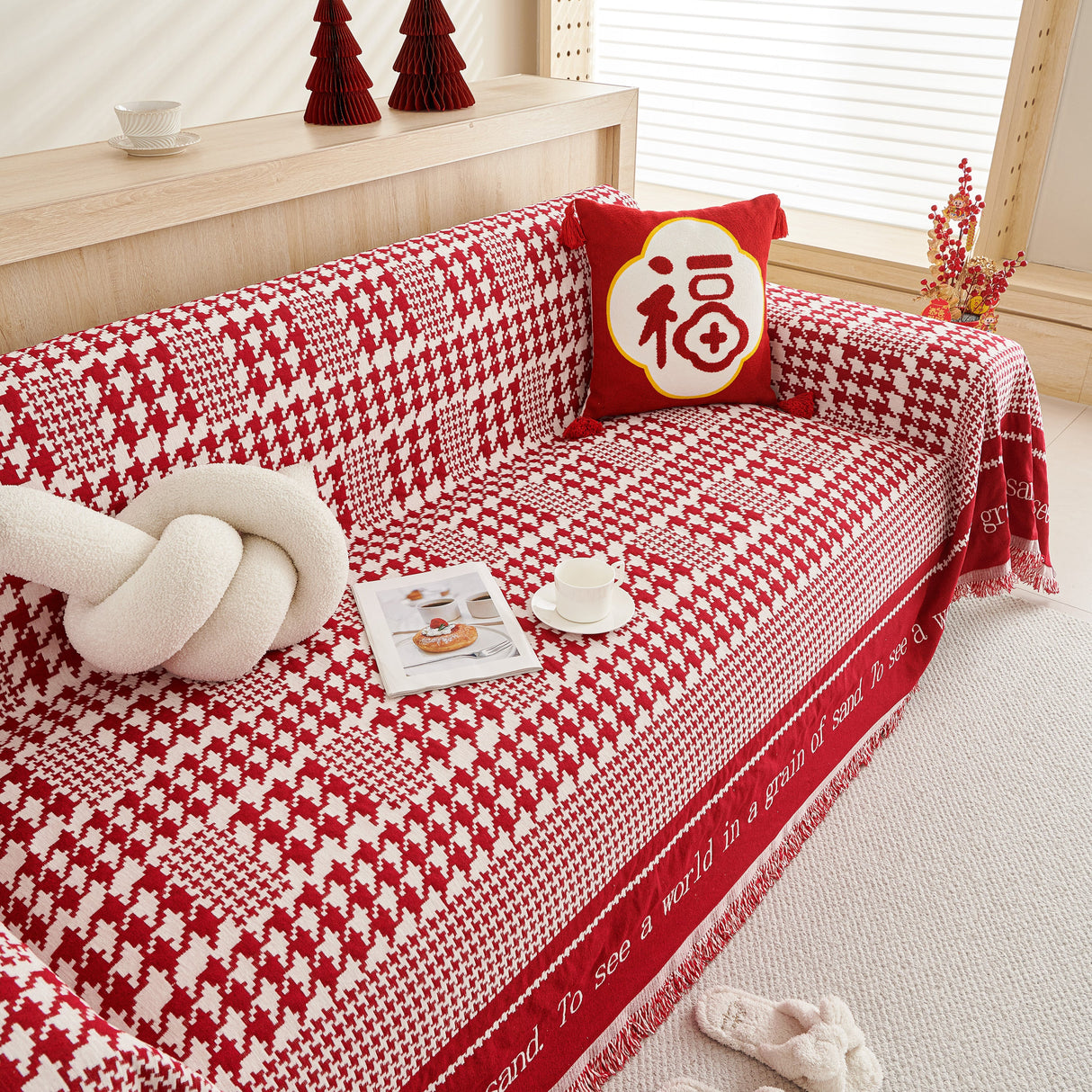 Chenille Houndstooth Couch Cover, Chaise Lounge Blanket Cover, Sectional Couch Scratch Protector