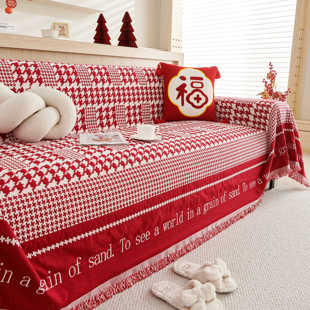 Chenille Houndstooth Couch Cover, Chaise Lounge Blanket Cover, Sectional Couch Scratch Protector