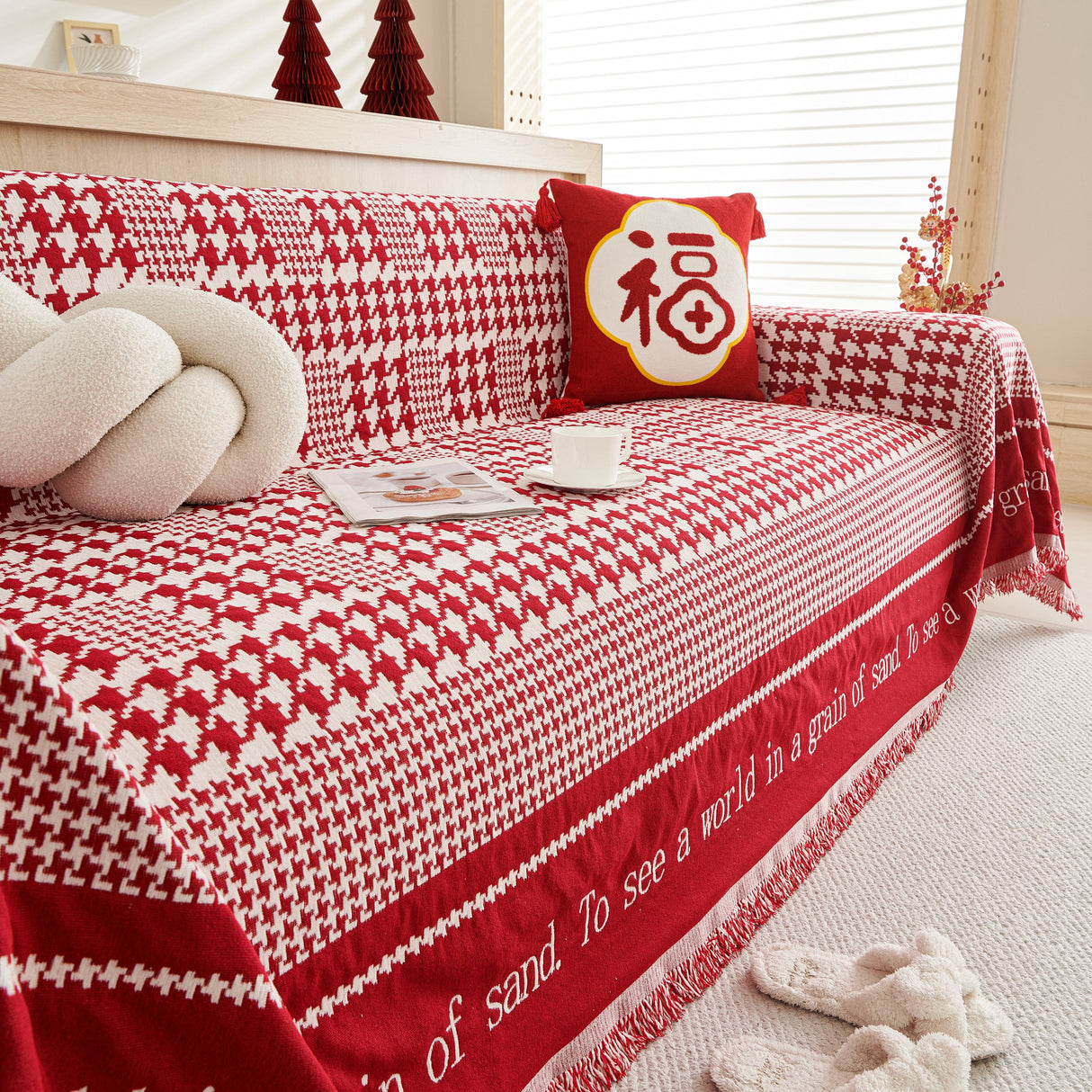 Chenille Houndstooth Couch Cover, Chaise Lounge Blanket Cover, Sectional Couch Scratch Protector