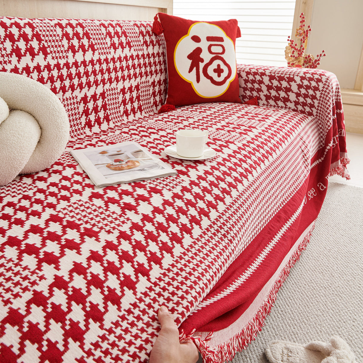 Chenille Houndstooth Couch Cover, Chaise Lounge Blanket Cover, Sectional Couch Scratch Protector