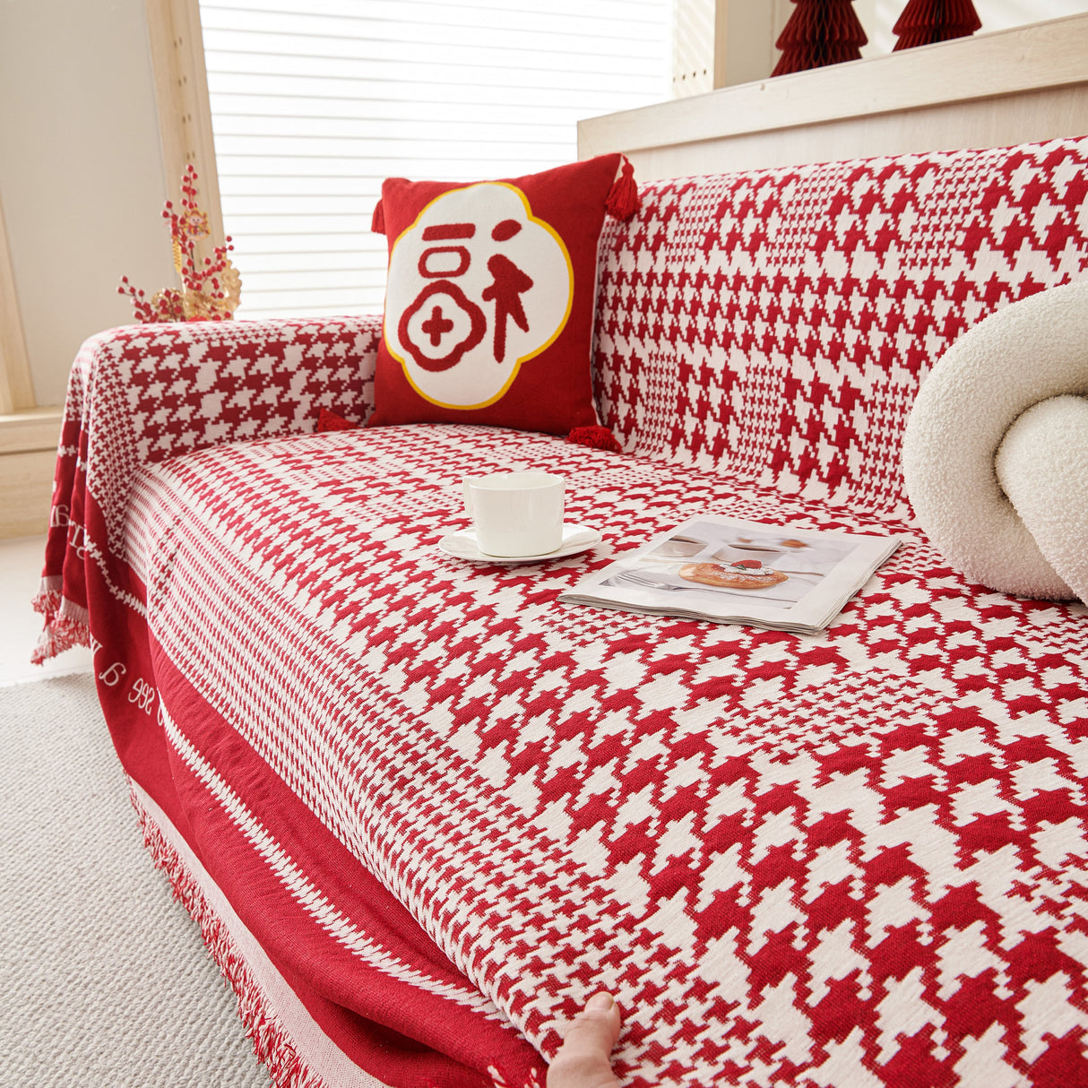 Chenille Houndstooth Couch Cover, Chaise Lounge Blanket Cover, Sectional Couch Scratch Protector