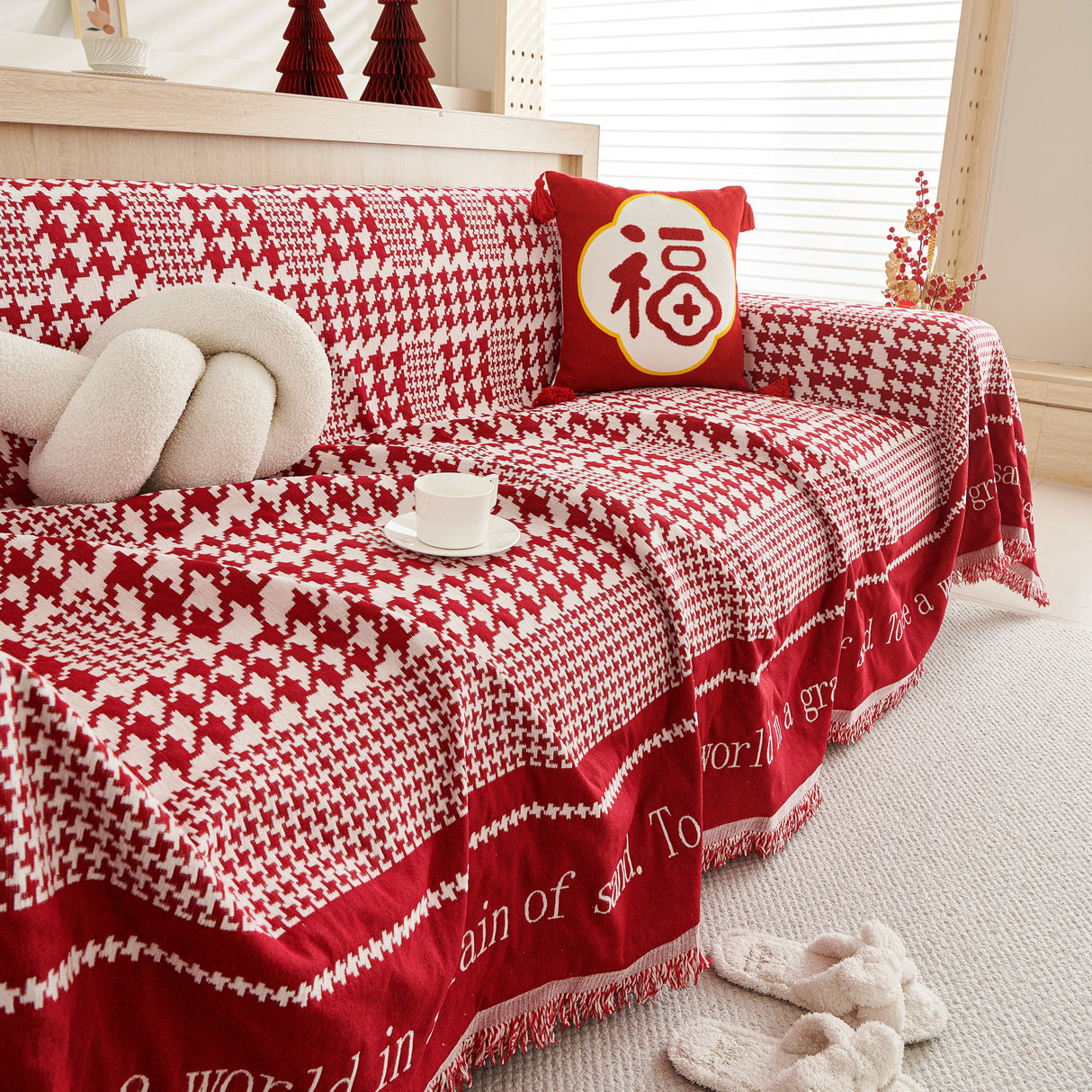 Chenille Houndstooth Couch Cover, Chaise Lounge Blanket Cover, Sectional Couch Scratch Protector