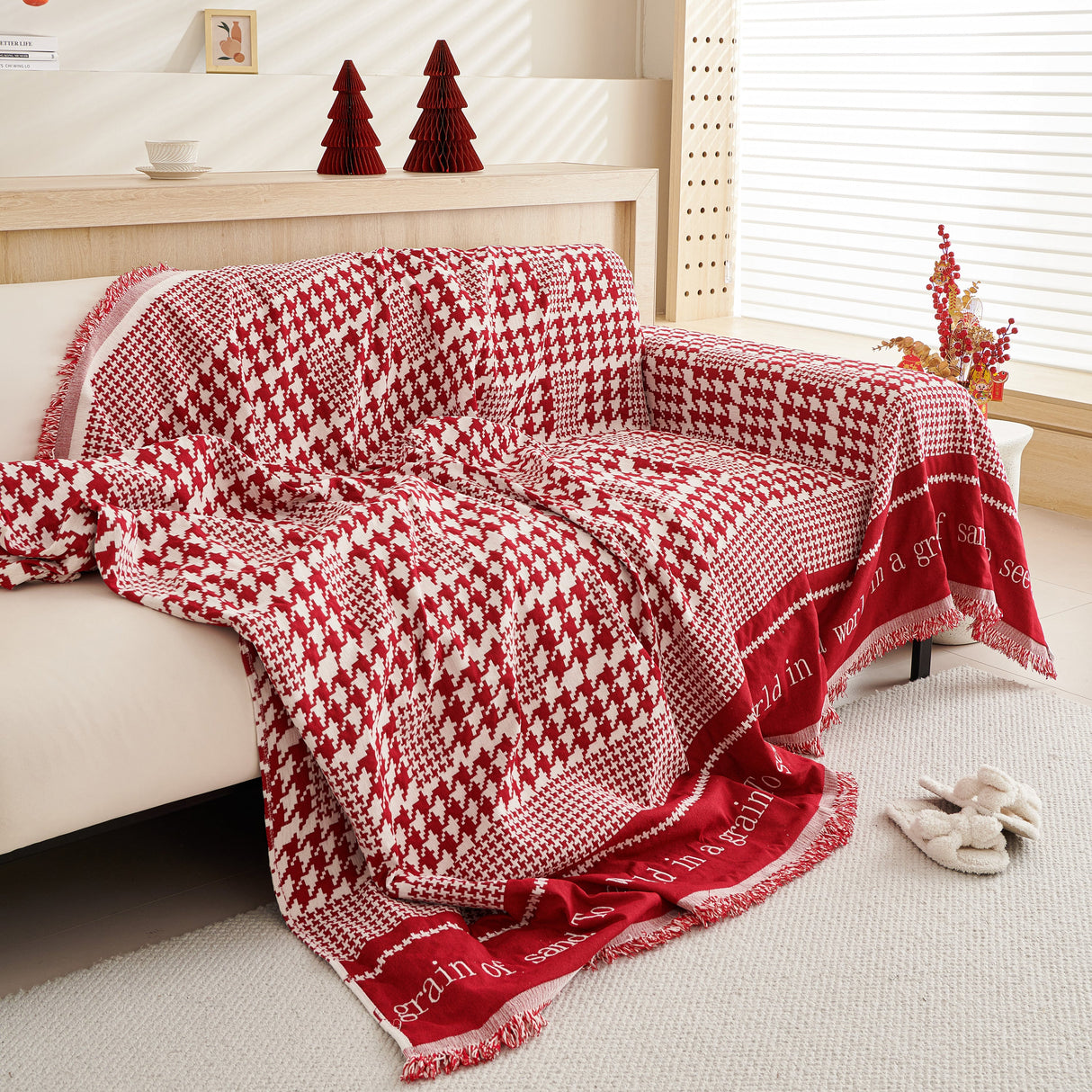 Chenille Houndstooth Couch Cover, Chaise Lounge Blanket Cover, Sectional Couch Scratch Protector