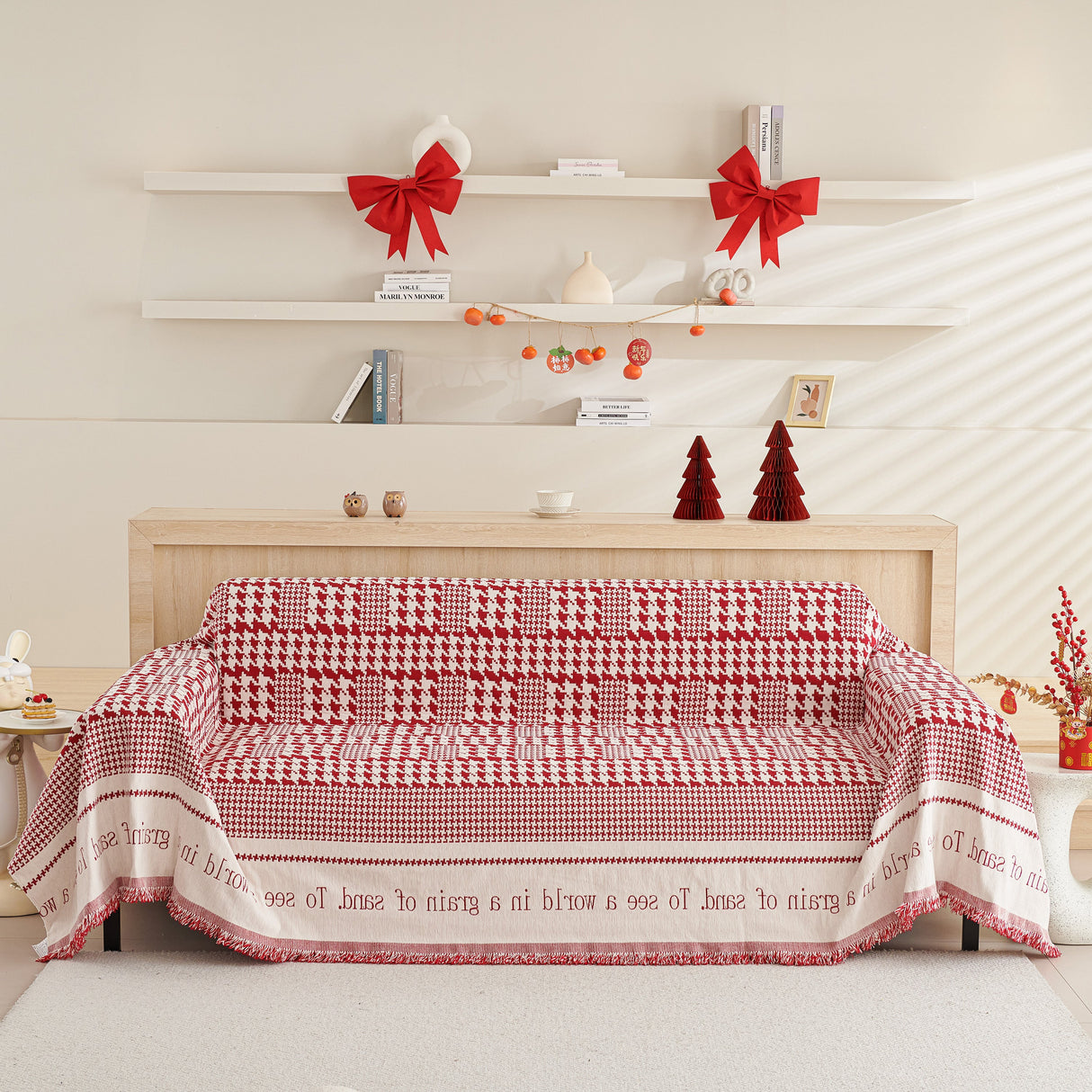 Chenille Houndstooth Couch Cover, Chaise Lounge Blanket Cover, Sectional Couch Scratch Protector