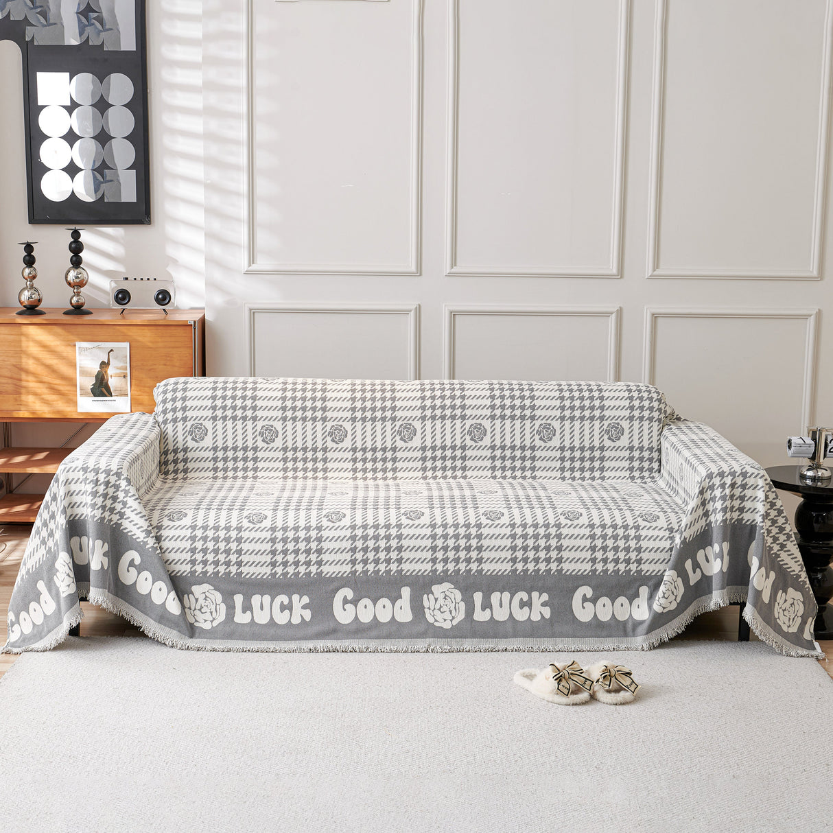 Chenille Houndstooth Sofa Throw Cover, Scratch Proof Cozy Throw Blankets for Couch