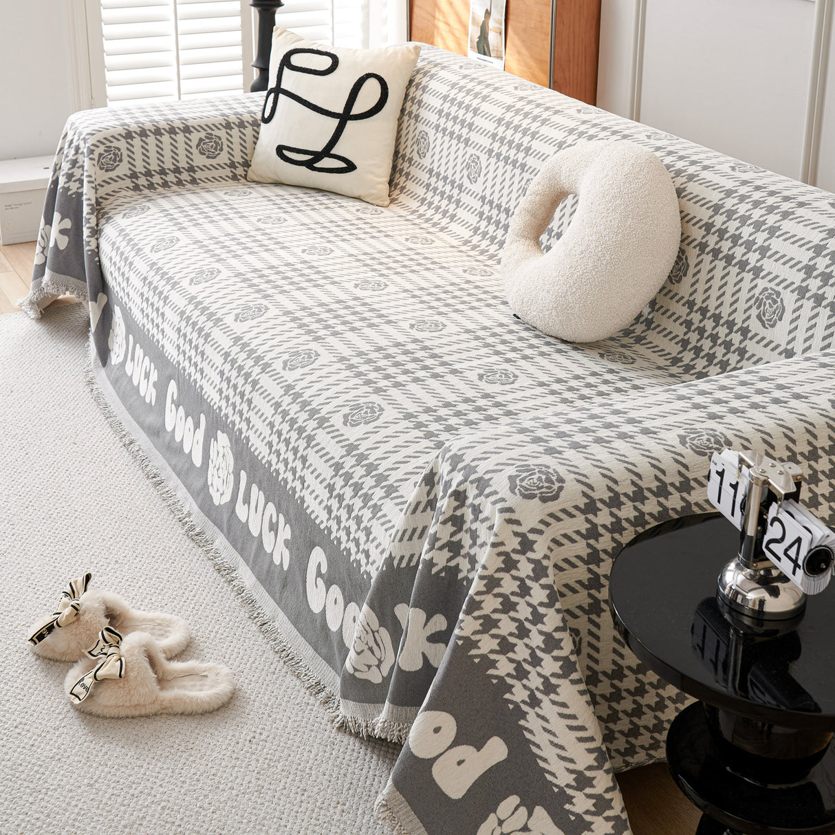 Chenille Houndstooth Sofa Throw Cover, Scratch Proof Cozy Throw Blankets for Couch
