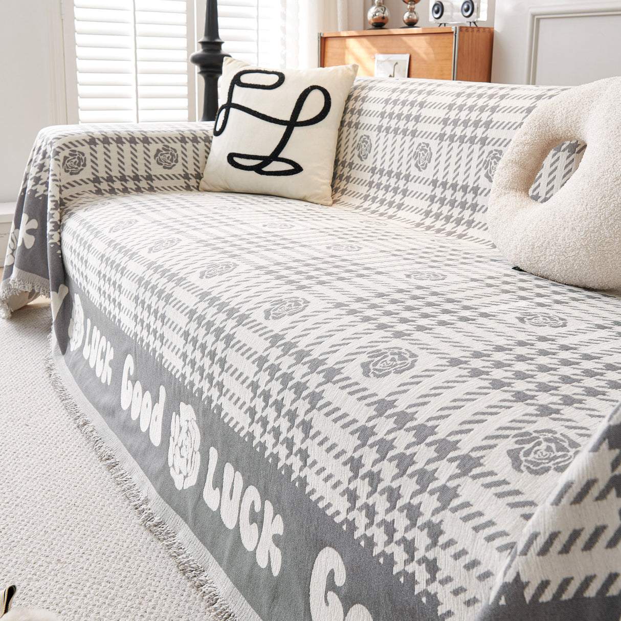 Chenille Houndstooth Sofa Throw Cover, Scratch Proof Cozy Throw Blankets for Couch