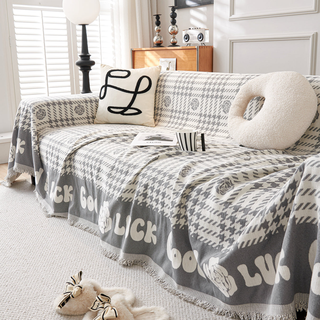 Chenille Houndstooth Sofa Throw Cover, Scratch Proof Cozy Throw Blankets for Couch