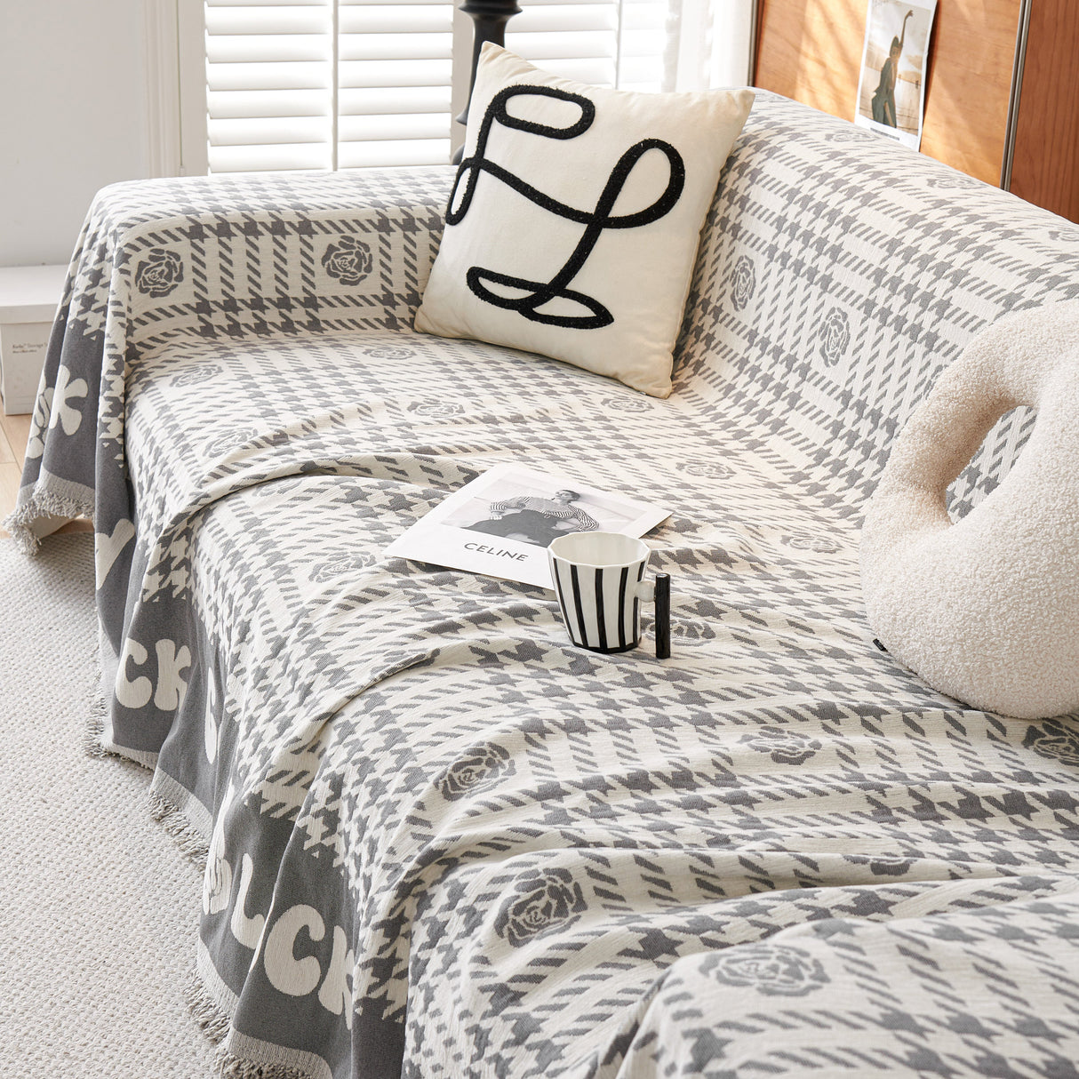 Chenille Houndstooth Sofa Throw Cover, Scratch Proof Cozy Throw Blankets for Couch