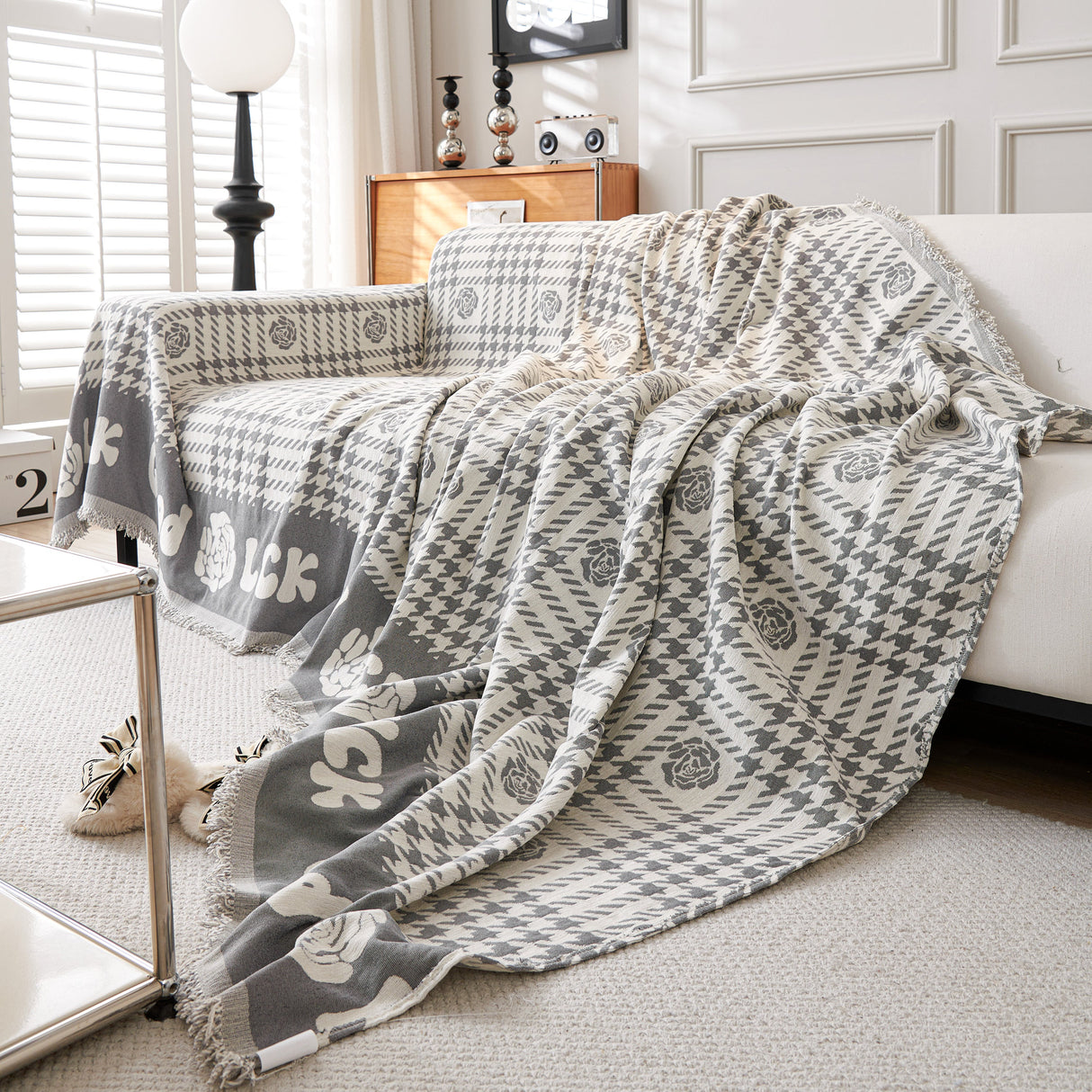 Chenille Houndstooth Sofa Throw Cover, Scratch Proof Cozy Throw Blankets for Couch
