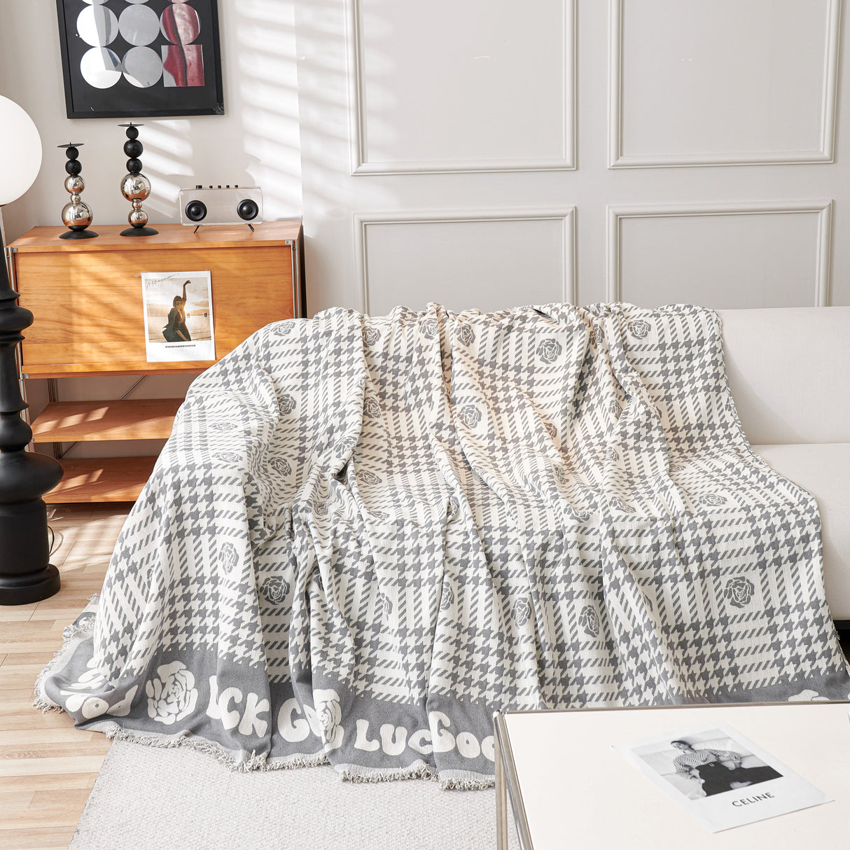 Chenille Houndstooth Sofa Throw Cover, Scratch Proof Cozy Throw Blankets for Couch