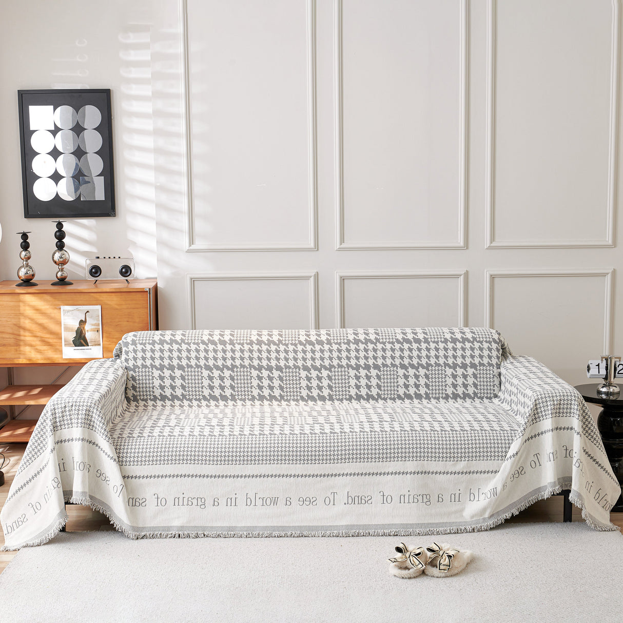 Chenille Houndstooth Couch Cover, Chaise Lounge Blanket Cover, Sectional Couch Scratch Protector