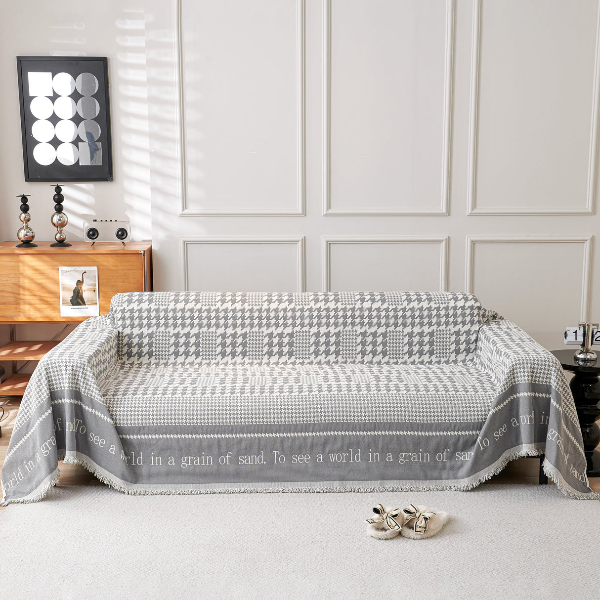 Chenille Houndstooth Couch Cover, Chaise Lounge Blanket Cover, Sectional Couch Scratch Protector