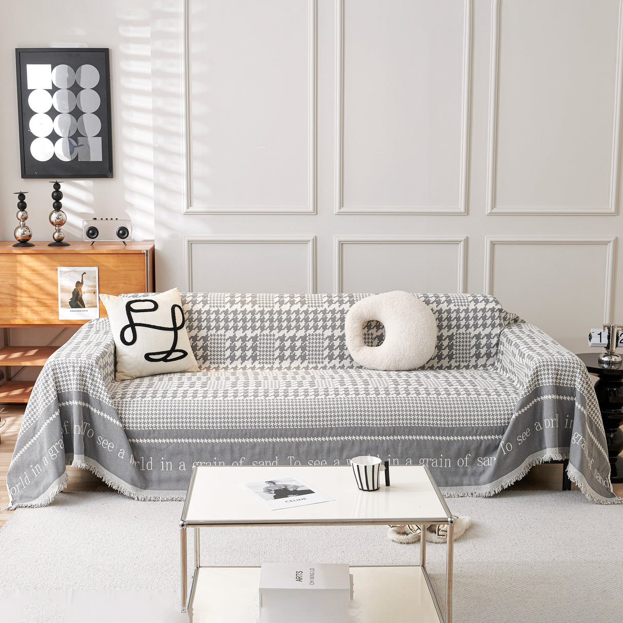 Chenille Houndstooth Couch Cover, Chaise Lounge Blanket Cover, Sectional Couch Scratch Protector