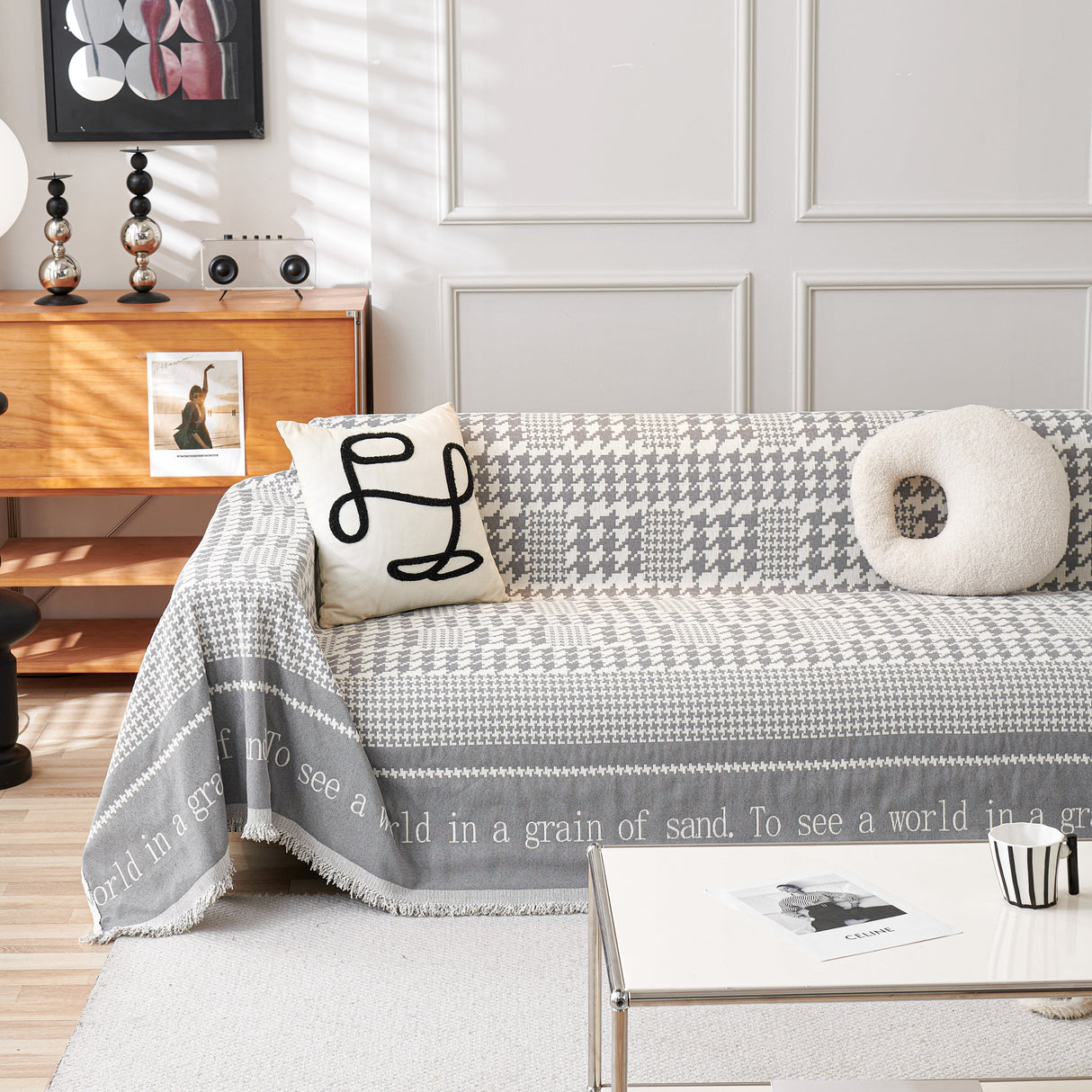 Chenille Houndstooth Couch Cover, Chaise Lounge Blanket Cover, Sectional Couch Scratch Protector