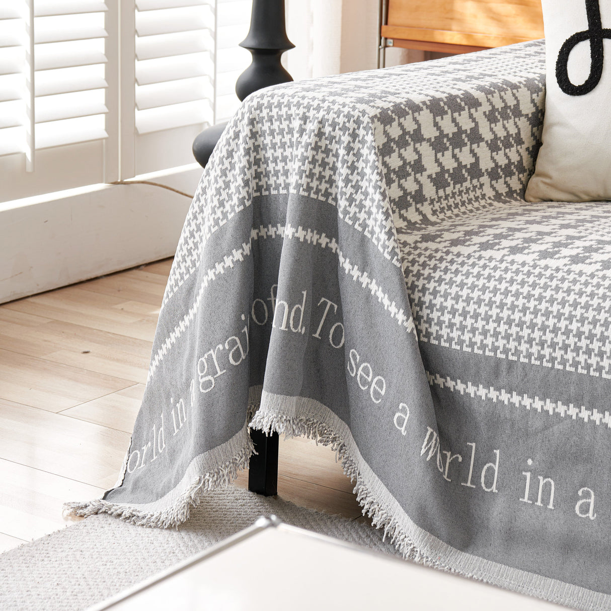 Chenille Houndstooth Couch Cover, Chaise Lounge Blanket Cover, Sectional Couch Scratch Protector