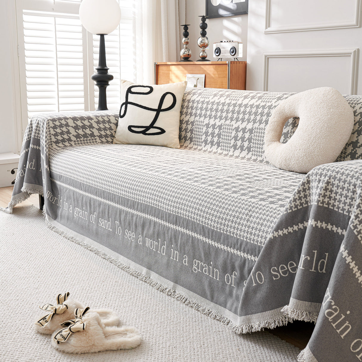 Chenille Houndstooth Couch Cover, Chaise Lounge Blanket Cover, Sectional Couch Scratch Protector