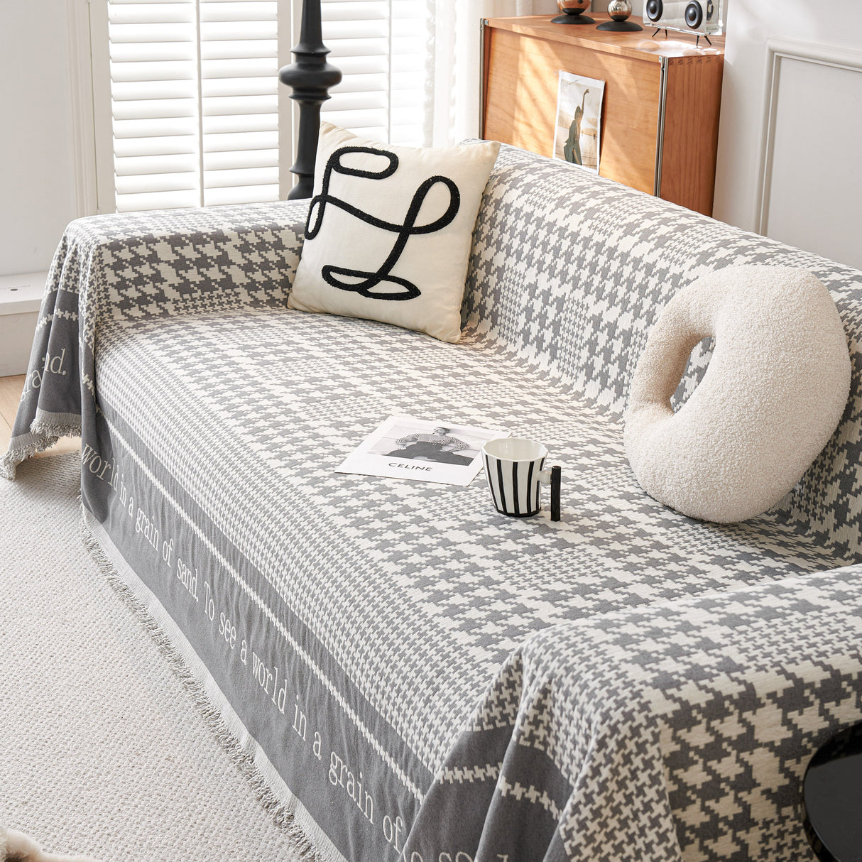 Chenille Houndstooth Couch Cover, Chaise Lounge Blanket Cover, Sectional Couch Scratch Protector