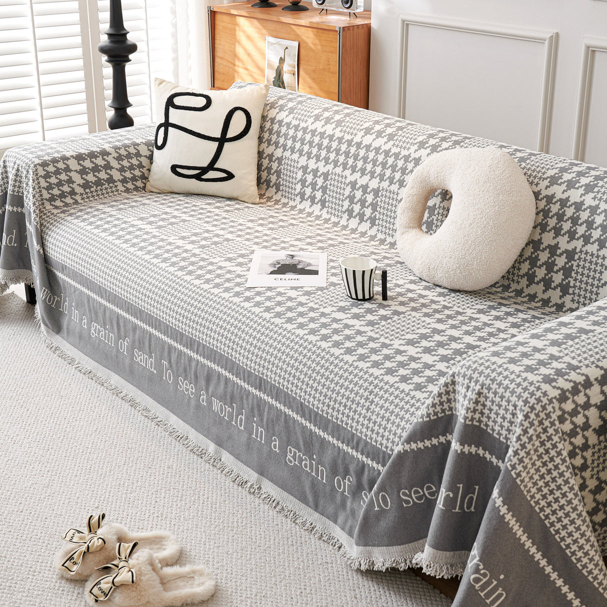 Chenille Houndstooth Couch Cover, Chaise Lounge Blanket Cover, Sectional Couch Scratch Protector